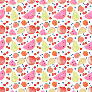 Fruit Toss on white with blue dots