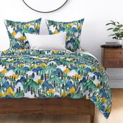 The Mountains Call in Indigo, Forest Green and Gold - Medium Large