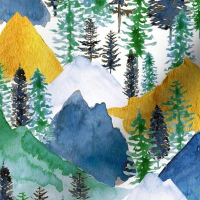 The Mountains Call in Indigo, Forest Green and Gold - Medium Large