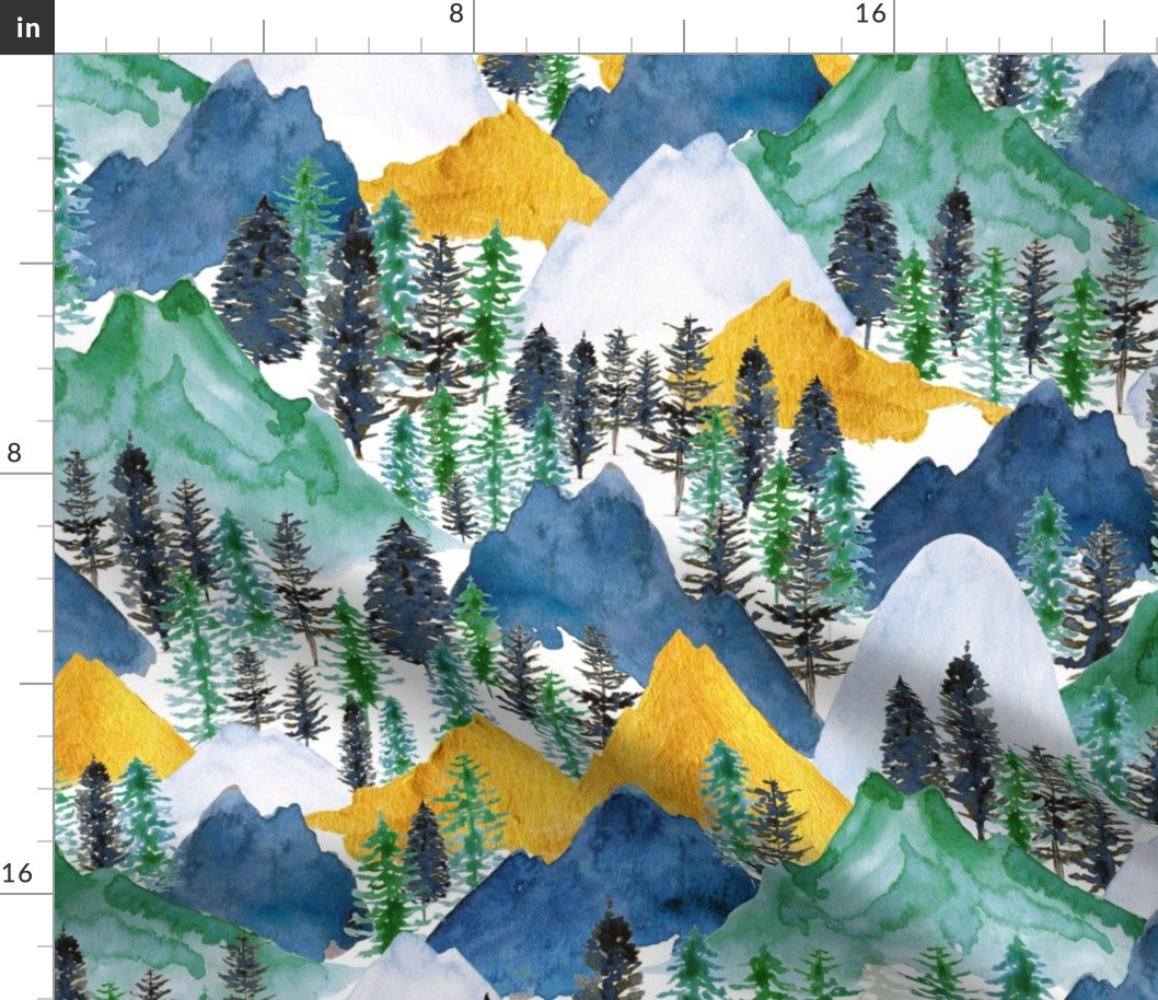 The Mountains Call in Indigo, Forest Green and Gold - Medium Large