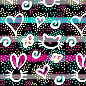 Bunny Kitty Doodle Dots / On Black / Hearts / Love / Kids  