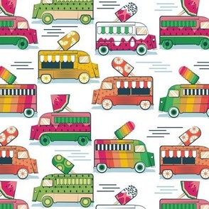 Small scale // Frutalicious ice cream trucks // white background multicolored fruit popsicles blue shadows