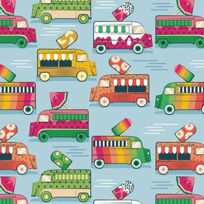 Small scale // Frutalicious ice cream trucks // pastel blue background multicolored fruit popsicles