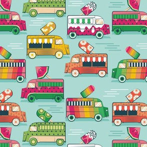 Small scale // Frutalicious ice cream trucks // aqua background multicolored fruit popsicles pastel