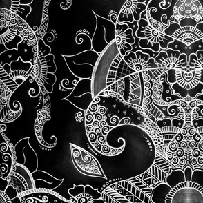 Sunflowers - Mehndi Paisley Floral Abstract Art - Black White #1