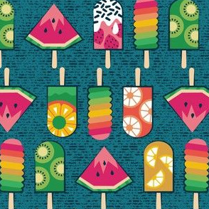 Small scale // Frutalicious ice popsicles // teal background multicoloured fruit frozen treats