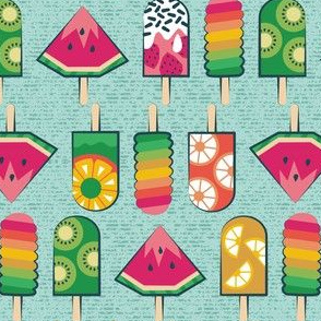 Small scale // Frutalicious ice popsicles // aqua and mint background multicoloured fruit frozen treats