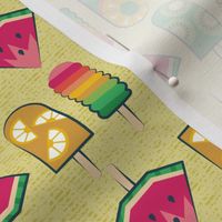 Small scale // Frutalicious ice popsicles // primrose yellow background multicoloured fruit frozen treats