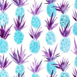 Wild surreal pineapples in violet and aqua shades - watercolor tropical pineapple fruit for summer p318-4