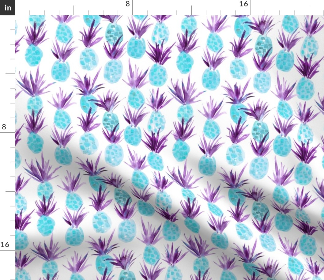 Wild surreal pineapples in violet and aqua shades - watercolor tropical pineapple fruit for summer p318-4