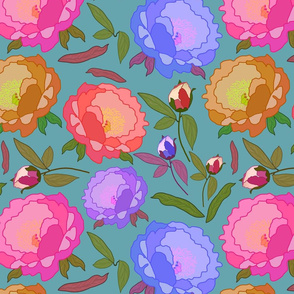 Peony Profusion!  Pastels on teal blue, large