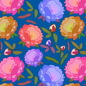 Peony Profusion!  Pastels on classic blue, large