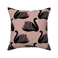 linocut swan fabric - art deco modern bird wallpaper - dusty rose