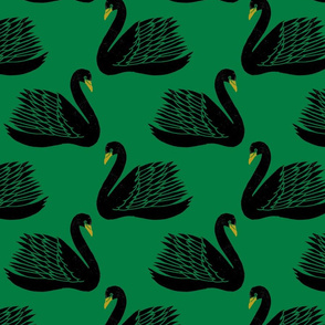 linocut swan fabric - art deco modern bird wallpaper - green