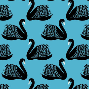 linocut swan fabric - art deco modern bird wallpaper - blue