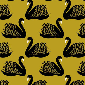 linocut swan fabric - art deco modern bird wallpaper - mustard