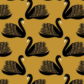linocut swan fabric - art deco modern bird wallpaper - ochre