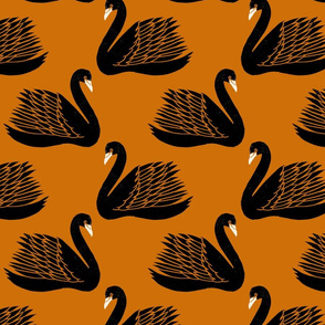 linocut swan fabric - art deco modern bird wallpaper - rust