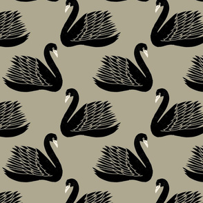 linocut swan fabric - art deco modern bird wallpaper - taupe