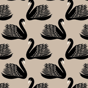 linocut swan fabric - art deco modern bird wallpaper - light tan