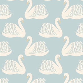 linocut swan fabric - art deco modern bird wallpaper - pastel pale blue