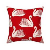 linocut swan fabric - art deco modern bird wallpaper - red