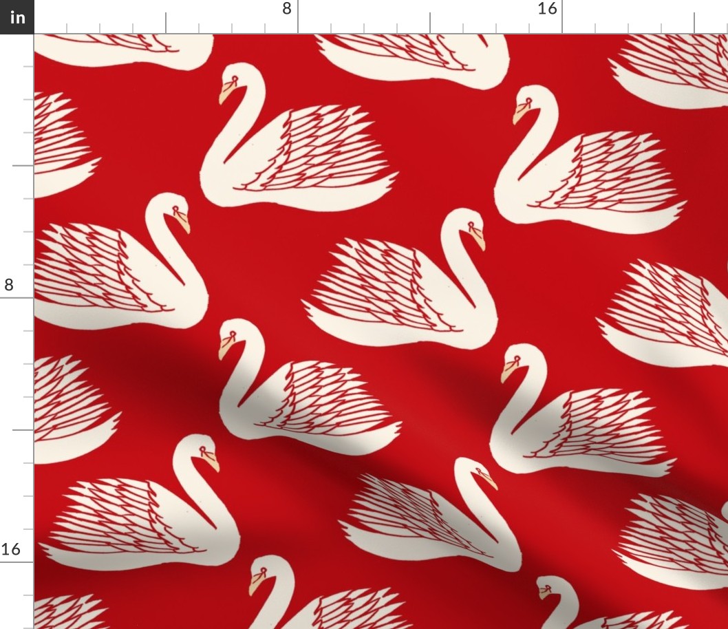 linocut swan fabric - art deco modern bird wallpaper - red