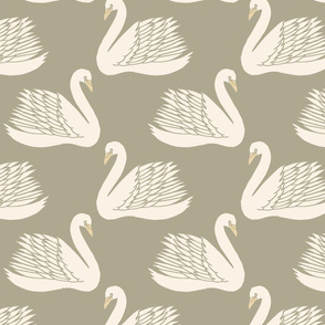 linocut swan fabric - art deco modern bird wallpaper - sage