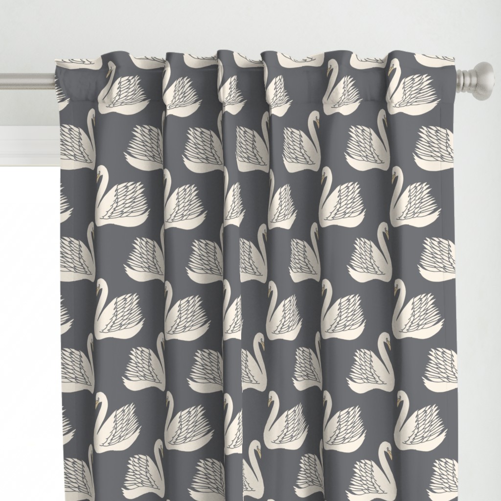 linocut swan fabric - art deco modern bird wallpaper - steel grey