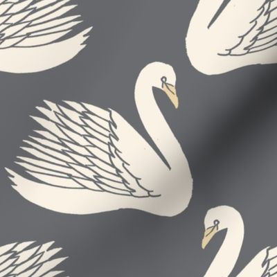 linocut swan fabric - art deco modern bird wallpaper - steel grey