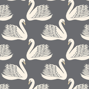 linocut swan fabric - art deco modern bird wallpaper - steel grey