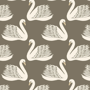 linocut swan fabric - art deco modern bird wallpaper - dark taupe