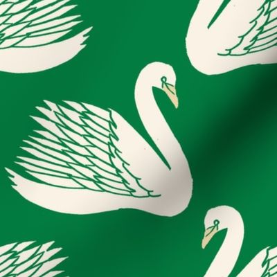 linocut swan fabric - art deco modern bird wallpaper - kelly green