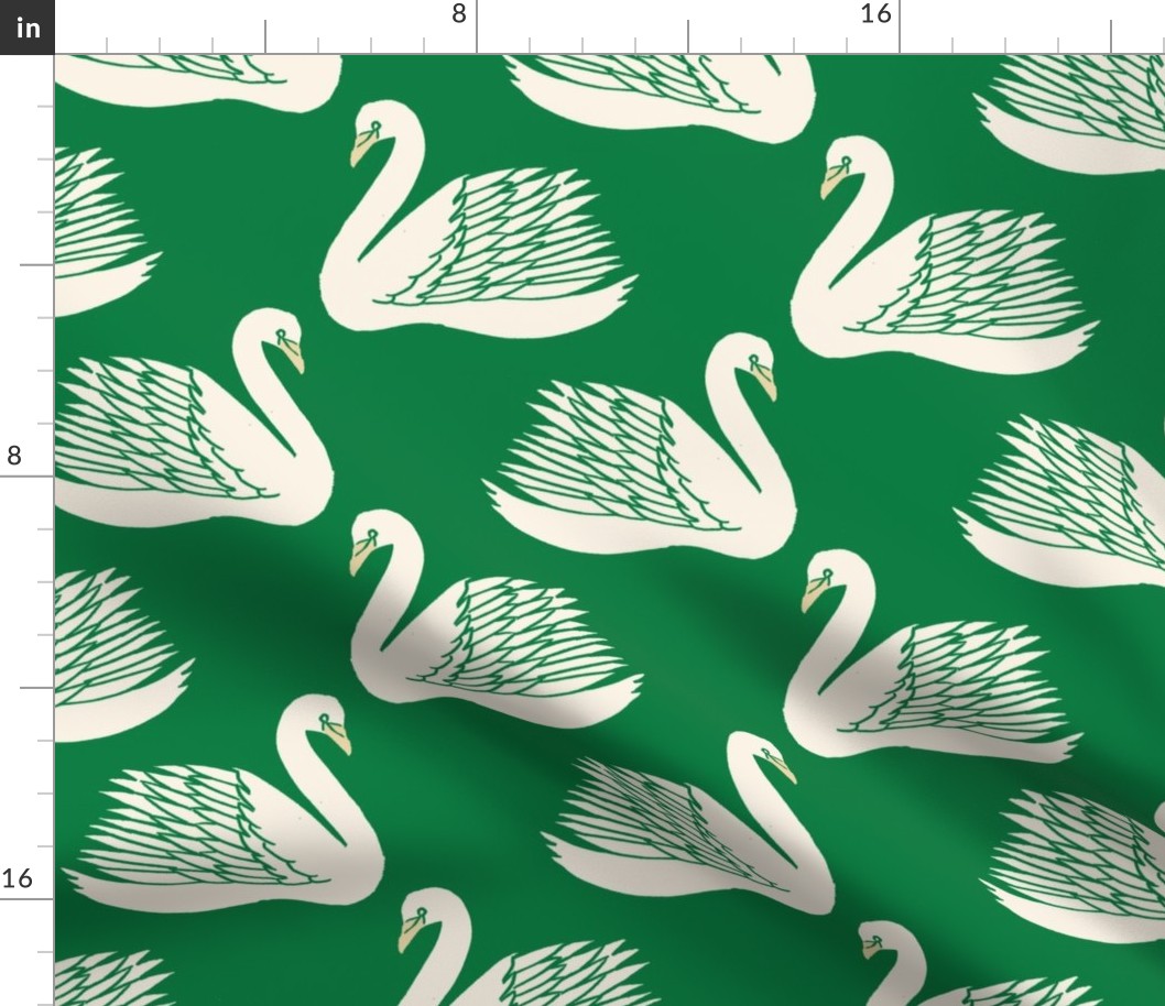 linocut swan fabric - art deco modern bird wallpaper - kelly green