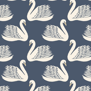 linocut swan fabric - art deco modern bird wallpaper - indigo