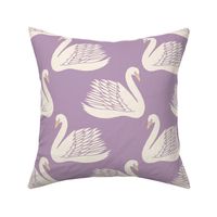 linocut swan fabric - art deco modern bird wallpaper - lavender