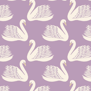 linocut swan fabric - art deco modern bird wallpaper - lavender