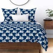 linocut swan fabric - art deco modern bird wallpaper - navy