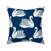 linocut swan fabric - art deco modern bird wallpaper - navy