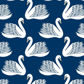 linocut swan fabric - art deco modern bird wallpaper - navy