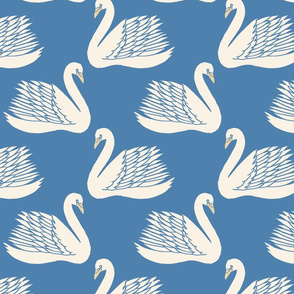 linocut swan fabric - art deco modern bird wallpaper - med blue