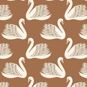 linocut swan fabric - art deco modern bird wallpaper - brown