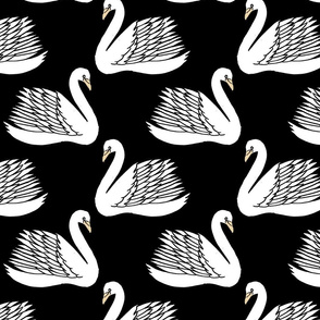 linocut swan fabric - art deco modern bird wallpaper - black and white