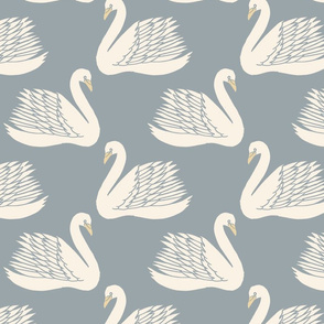 linocut swan fabric - art deco modern bird wallpaper - dusty blue