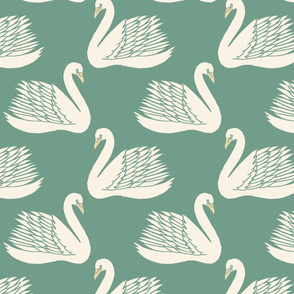 linocut swan fabric - art deco modern bird wallpaper - green