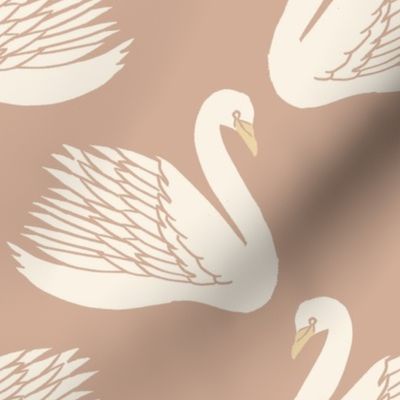 linocut swan fabric - art deco modern bird wallpaper - almond