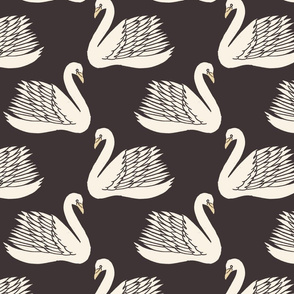 linocut swan fabric - art deco modern bird wallpaper - black brown