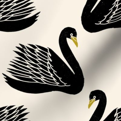 linocut swan fabric - art deco modern bird wallpaper - cream