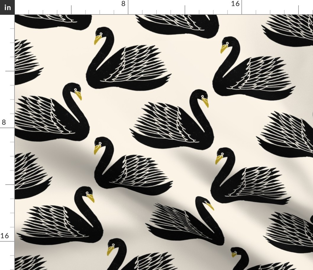 linocut swan fabric - art deco modern bird wallpaper - cream