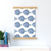 Vintage Illustration Flounder Fish- white and blue